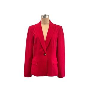 Calvin Klein Women Red Blazer Gold Single Button Career Workwear Size 10 Jacket